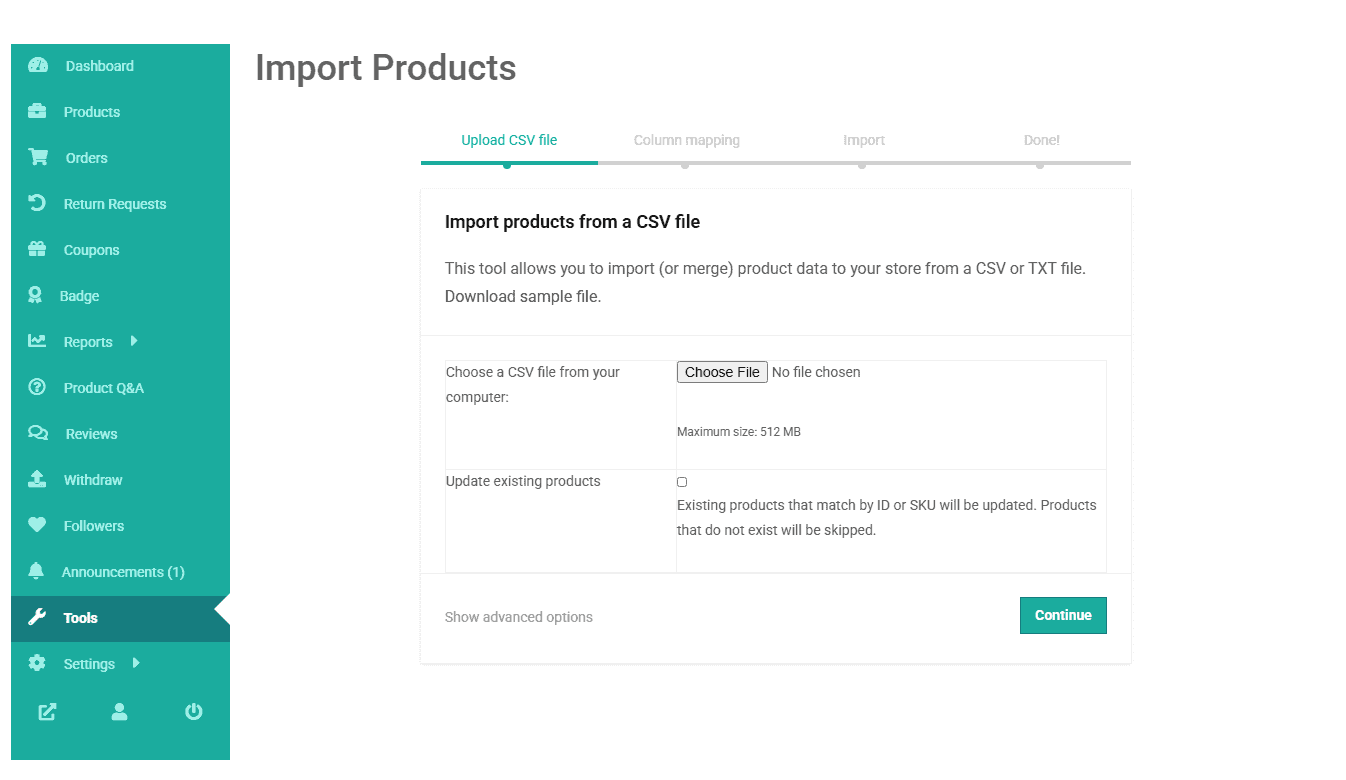 Upload CSV file to import products using CSV on DokanApni