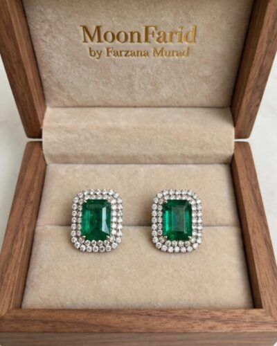 Emerald Cut Green Halo Stud Earrings